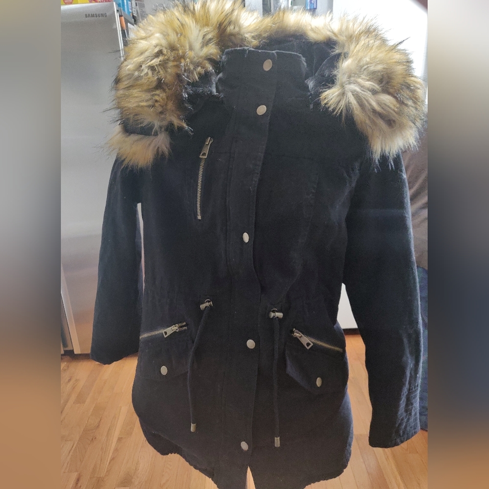 Geschallino Women's Parka Faux Fur Collar Twill Jacket